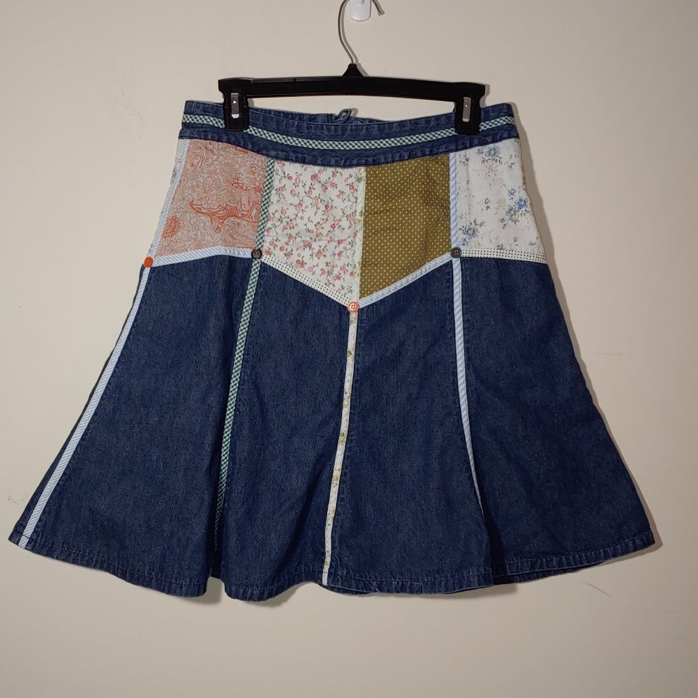 Anthro Bica Cheia Gored Patchwork Denim Skirt Size 8 Dark Blue